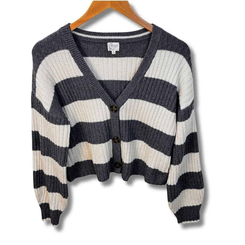 Blue Rain Striped Cropped Cardigan Sz Small Blue and Cream Stripes Button Front